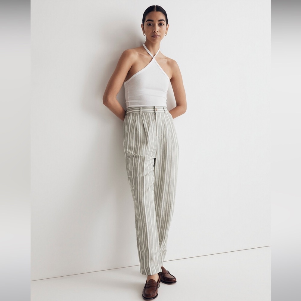 NWOT Madewell The Tailored Tapered Pant in Striped Linen- 0 White & Sage Green